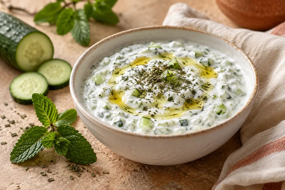 Cucumber yogurt cacık with dried mint and olive oil in a white bowl