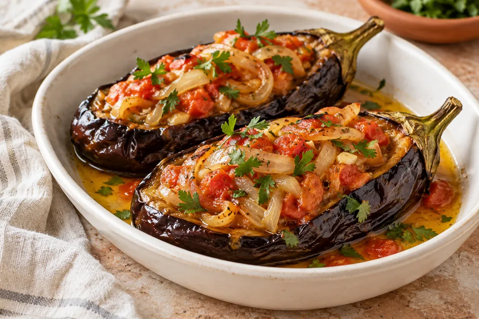 Turkish eggplants filled with tomato, onion and garlic in olive oil