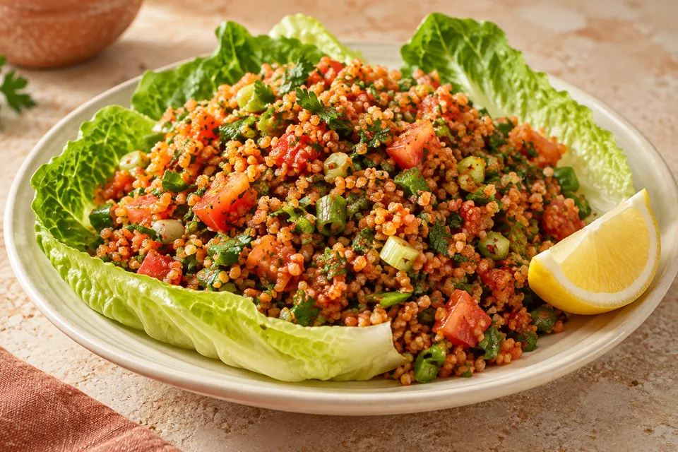 Red fine-bulgur kısır salad with parsley and spring onion on lettuce leaves
