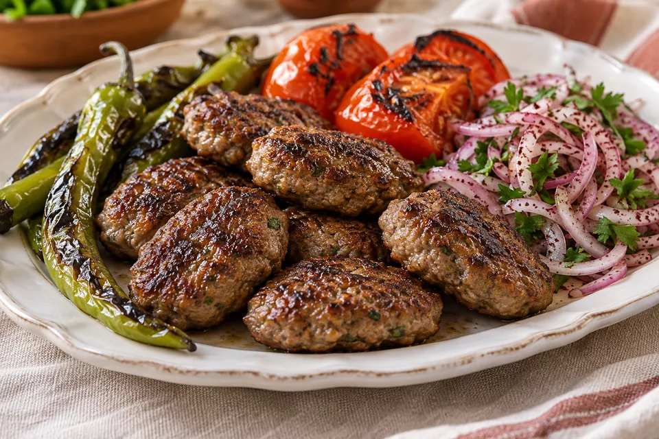 Pan-seared oval Turkish köfte with grilled tomatoes, green peppers and sumac onions