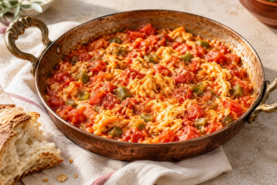 Menemen with scrambled eggs, tomatoes and green peppers in a copper pan