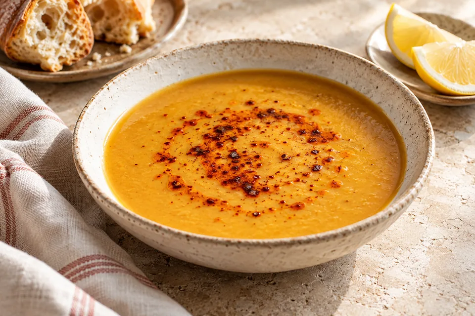 Smooth golden Turkish red lentil soup with pepper butter and a lemon wedge