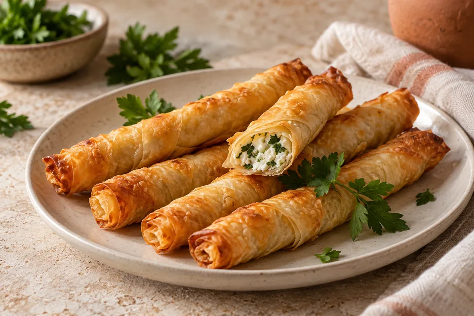 Golden Turkish cheese and parsley pastry rolls on a ceramic plate