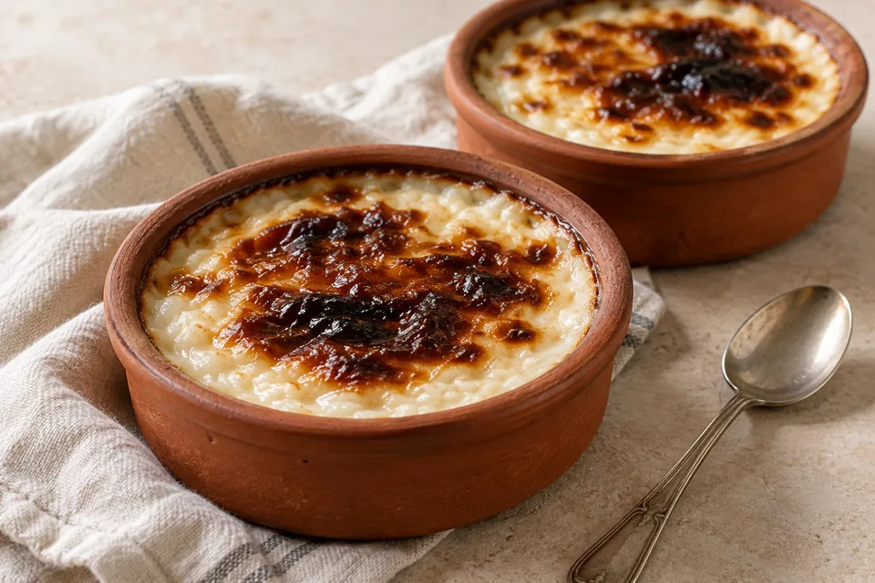 Baked Turkish rice pudding with mottled caramelized tops in terracotta bowls