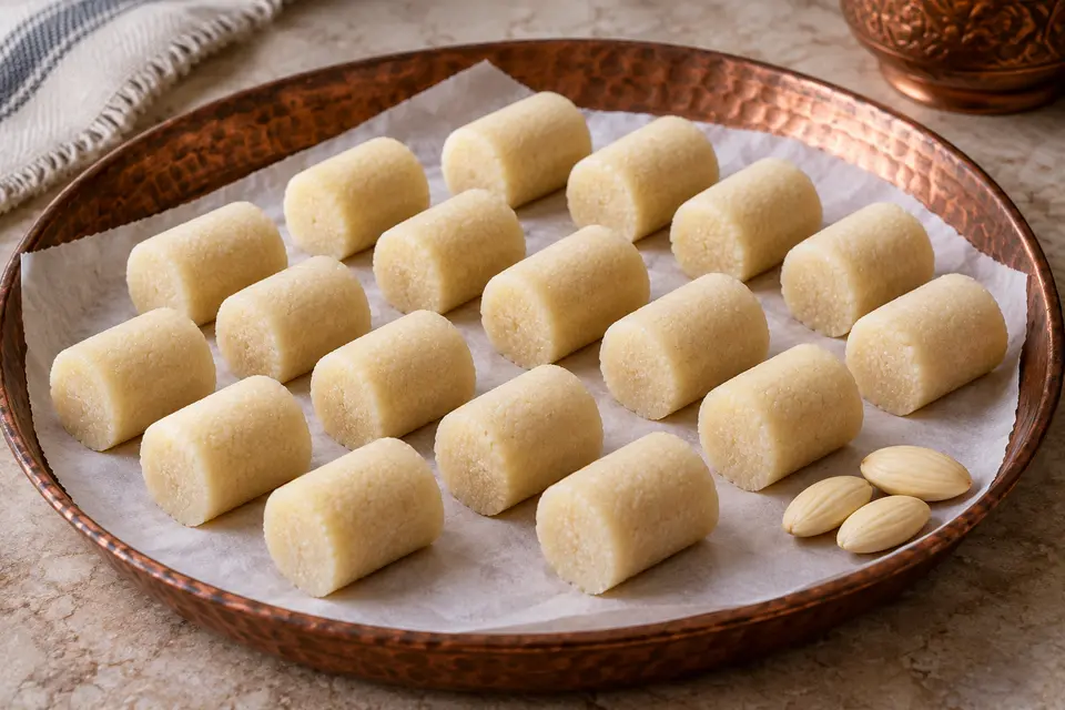 Petits cylindres ivoire d’Edirne Badem Ezmesi disposés sur du papier cuisson avec quelques amandes entières