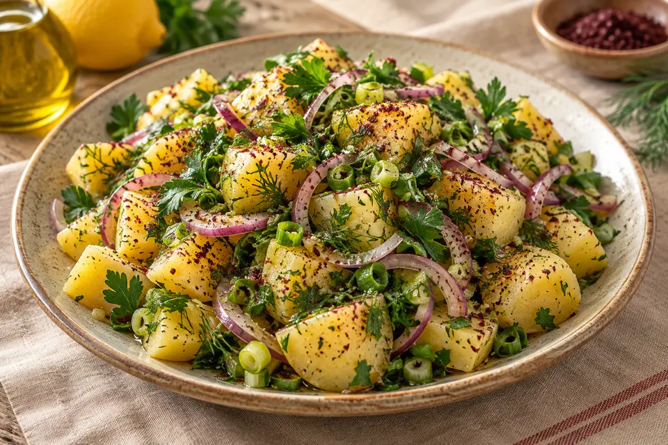 Turkish Patates Salatası with golden potato pieces, red and green onions, parsley, dill and sumac in a lemon-olive oil dressing