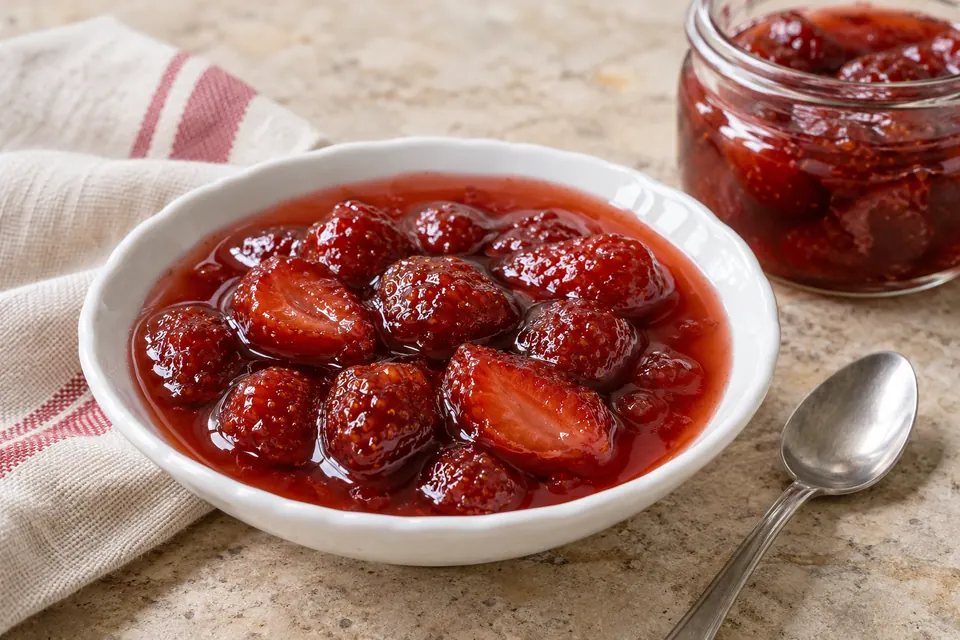 Whole cooked strawberries and a few berry halves in glossy red syrup in a small white bowl, with a teaspoon and an open jar behind it.