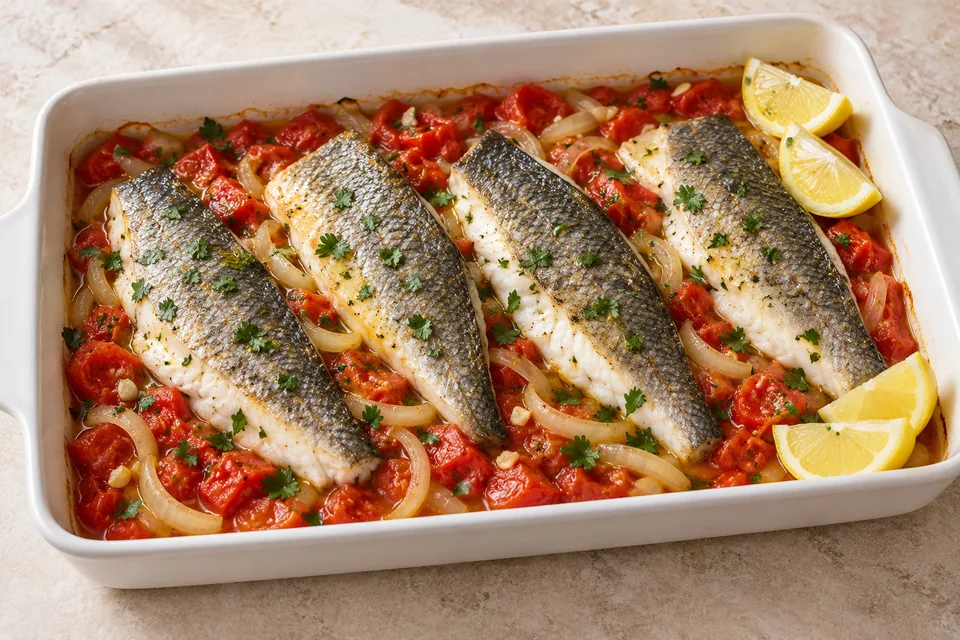 Four baked sea bass fillets over tomatoes and sliced onion, finished with parsley and lemon wedges in a white baking dish.