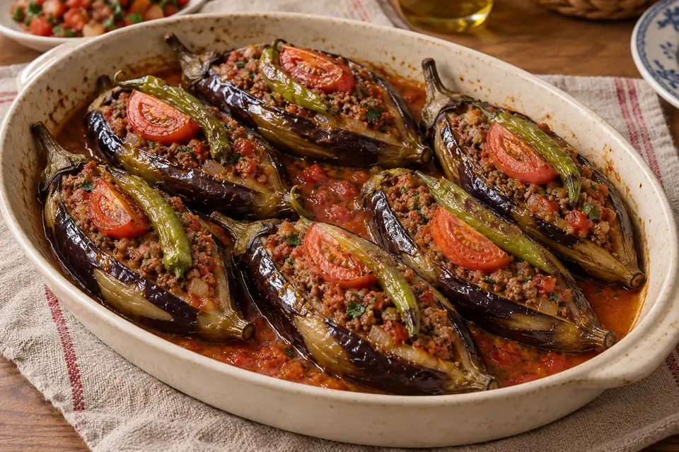 Six striped eggplants filled with tomato-rich ground beef and topped with tomato wedges and green peppers in a white baking dish