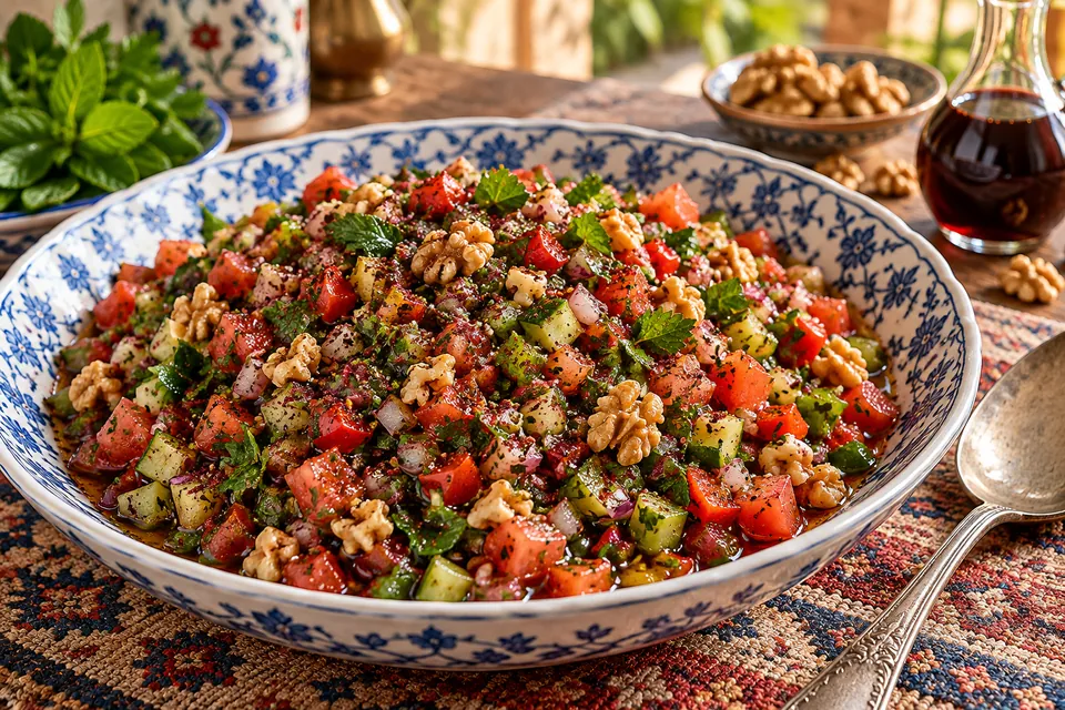 A shallow ceramic bowl of finely diced Gavurdağı salad with tomatoes, cucumber, peppers, herbs, walnuts, sumac and pomegranate molasses dressing