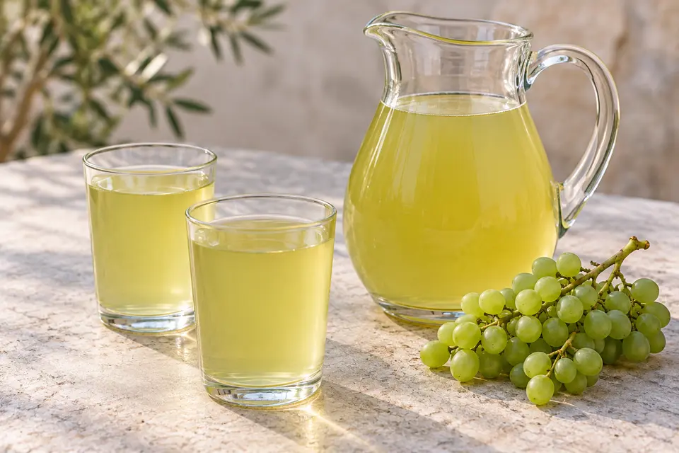 O carafă și două pahare cu Koruk Şerbeti verde-pal lângă un ciorchine de struguri verzi