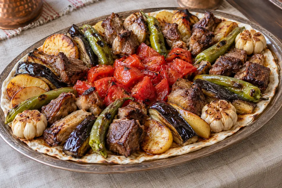 Platou de Tokat Kebabı cu miel, vinete, cartofi, ardei verzi, roșii și usturoi copt, așezate pe pide subțire