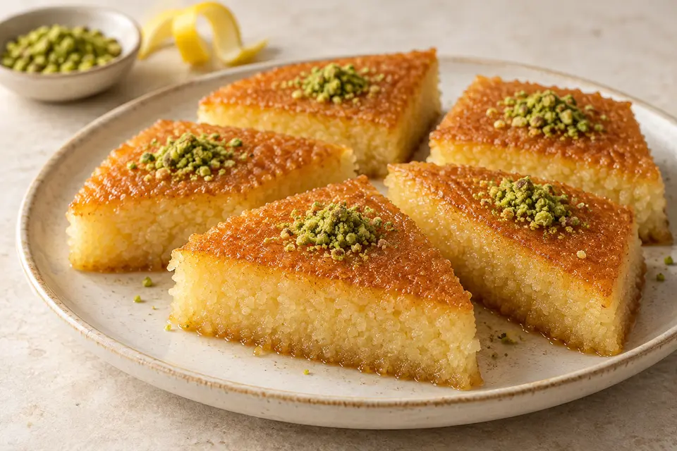 Diamond-cut pieces of golden syrup-soaked Revani topped with ground pistachios on a ceramic plate