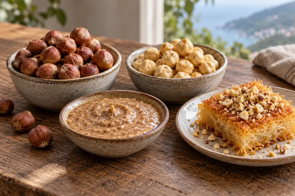 Noisettes à peau brune et noisettes grillées, pâte de noisettes et carré de kadayıf doré couvert de noisettes hachées