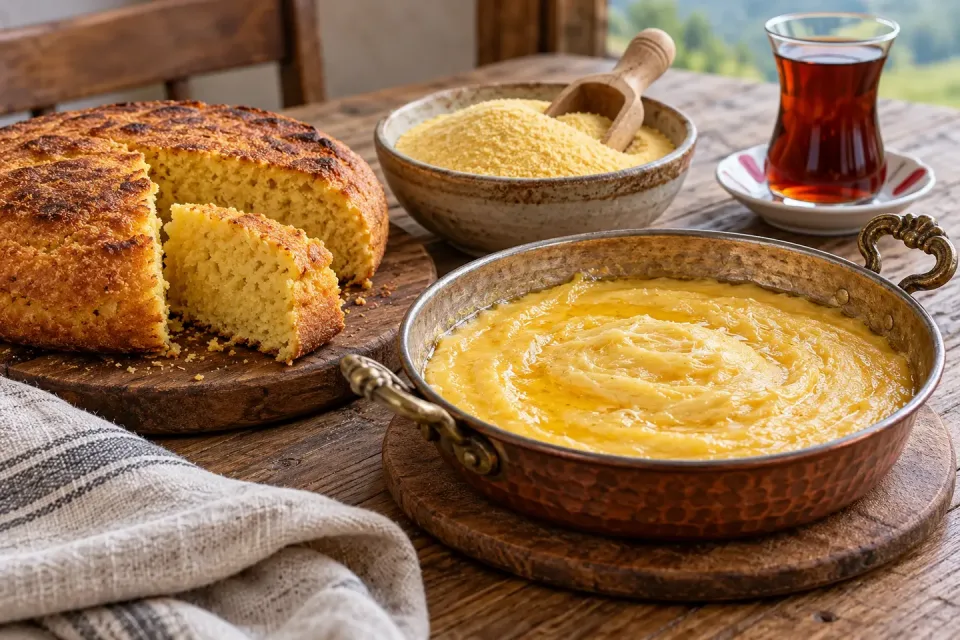 Kuymak in einer Kupferpfanne neben angeschnittenem türkischem Maisbrot, gelbem Maismehl und schwarzem Tee