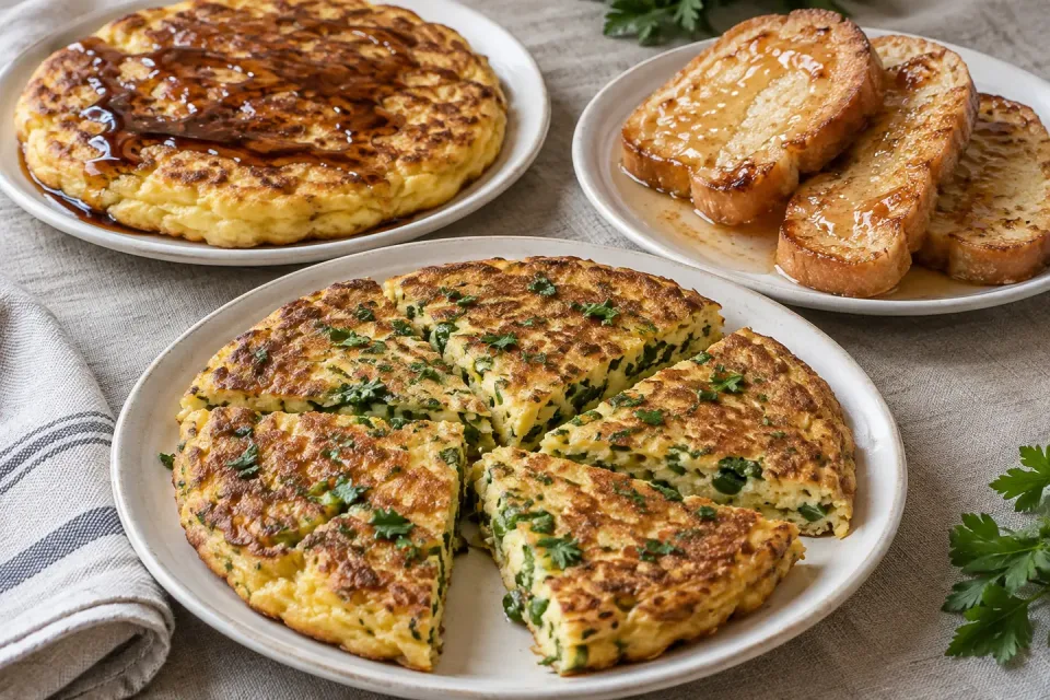 Drei regionale Kaygana-Varianten: goldene Kräuterpfannkuchenstücke, ein schlichter Eierpfannkuchen mit Pekmez und sirupglänzende Eierbrotscheiben