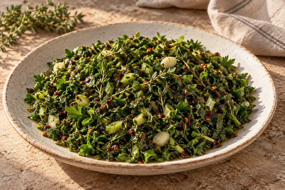 Hatay Zahter Salatası cu zahter proaspăt, ceapă verde și pătrunjel tocate fin, lucioase de melasă de rodie și ulei de măsline, pe o farfurie ceramică
