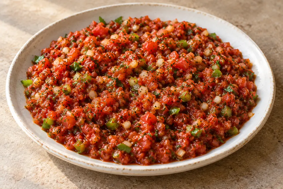 Acılı ezme in a shallow off-white plate, with finely chopped red tomatoes, green peppers, spring onions and parsley in a glossy pepper-paste dressing.