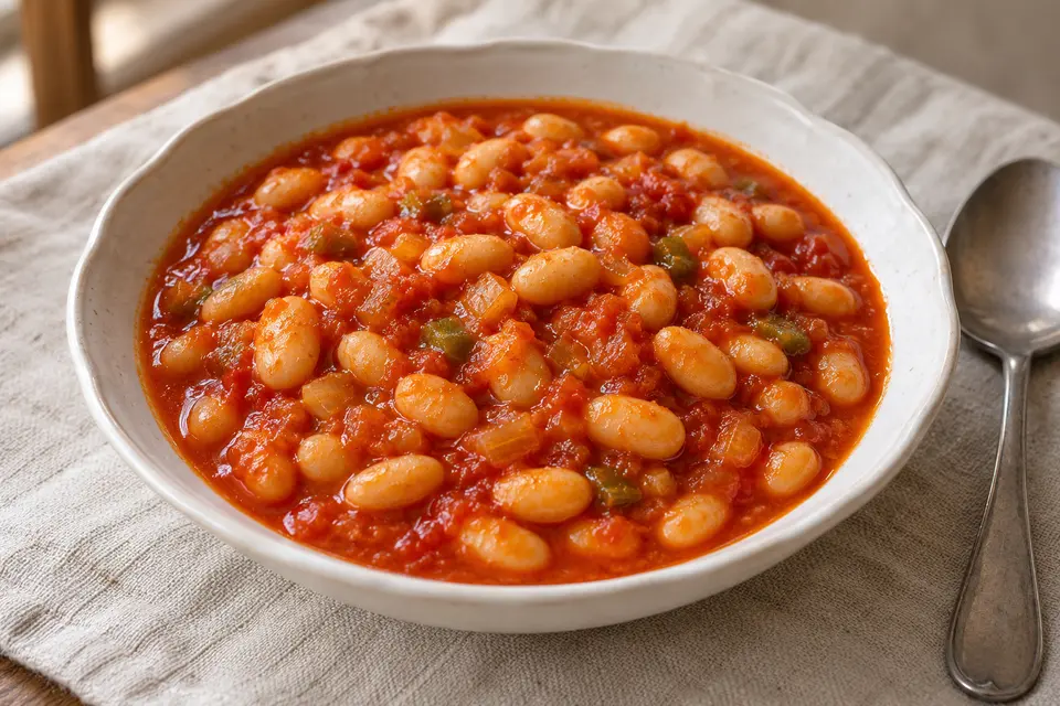 Bowl of Turkish Kuru Fasulye with tender white beans in a glossy red tomato sauce