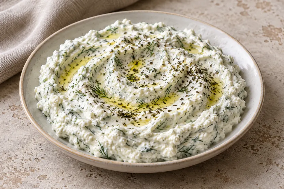 Thick white Turkish haydari with fine dill and mint flecks, spooned in firm swirls and lightly drizzled with olive oil on a shallow cream plate.