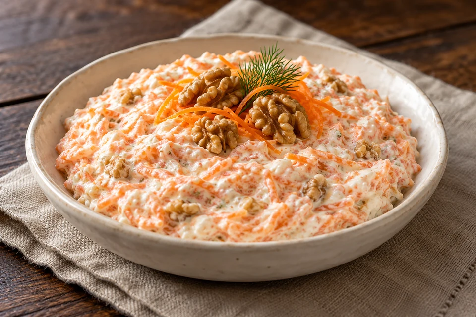 Dicker türkischer Karotten-Joghurt-Dip mit sichtbaren Karottenraspeln, gehackten Walnüssen und etwas Dill