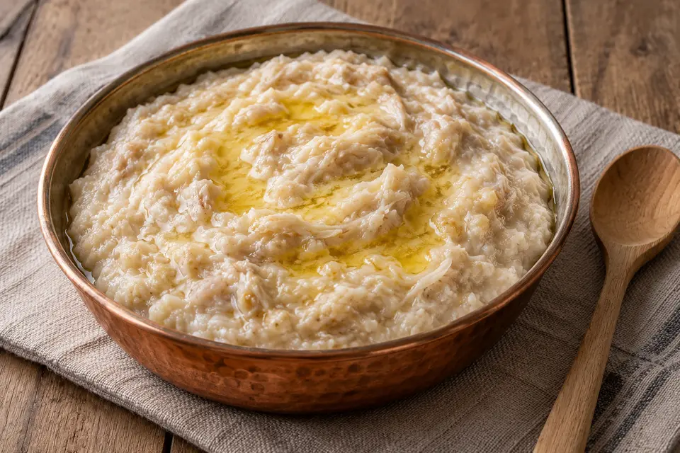 Helles Çarşamba Keşkeği in einer flachen Kupferschale mit glänzender heißer Butter und einem Holzlöffel