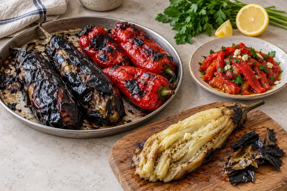 Ganze geröstete Auberginen und rote Paprika neben geschältem Auberginenfleisch und Paprikasalat mit Petersilie und Knoblauch