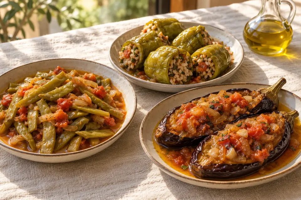 A Turkish table with zeytinyağlı green beans, rice-stuffed peppers and tomato-filled eggplant in small ceramic dishes.