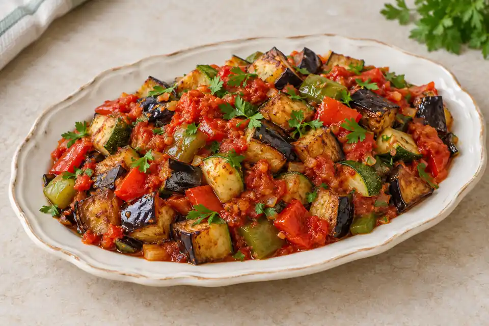 Türkische Şakşuka mit gebratenen Auberginen, Zucchini und Paprika in Tomaten-Knoblauch-Sauce auf einer weißen Platte