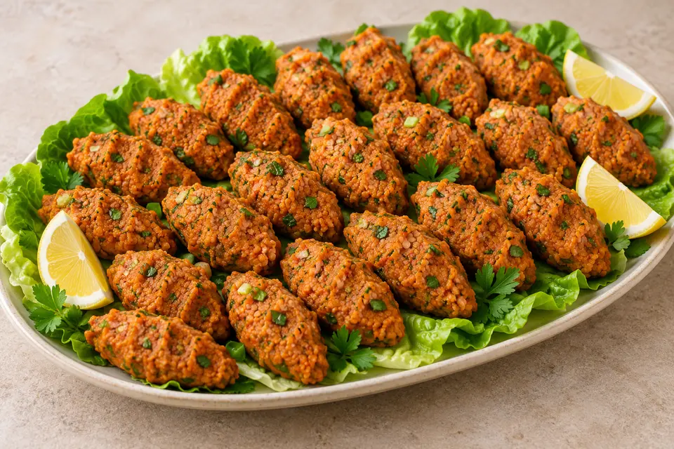 Finger-ridged Turkish mercimek köftesi arranged on green lettuce leaves with parsley and lemon wedges