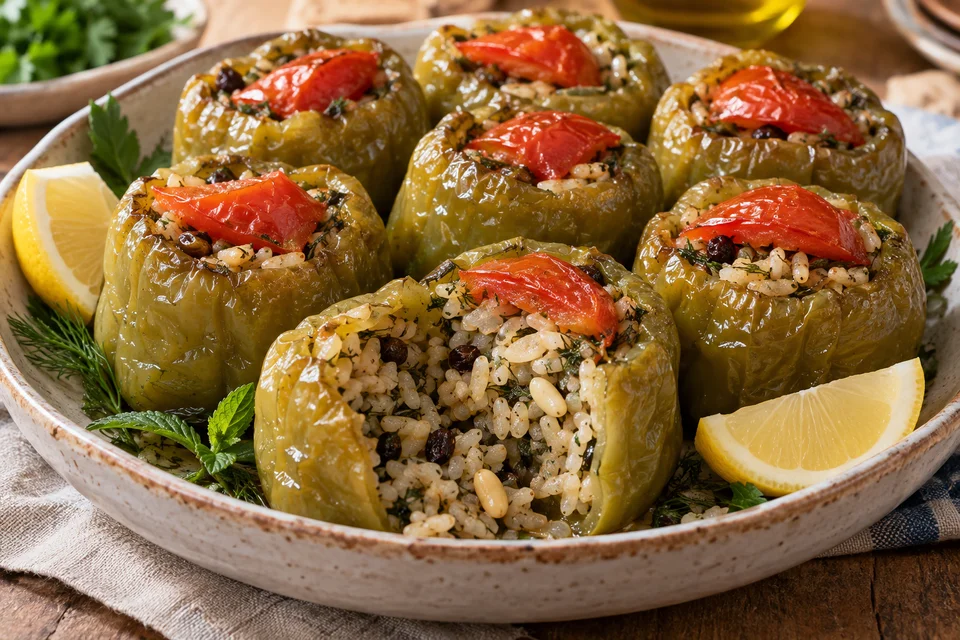 Turkish green peppers stuffed with herbed rice, pine nuts and currants, capped with tomato; one opened pepper shows the cooked filling