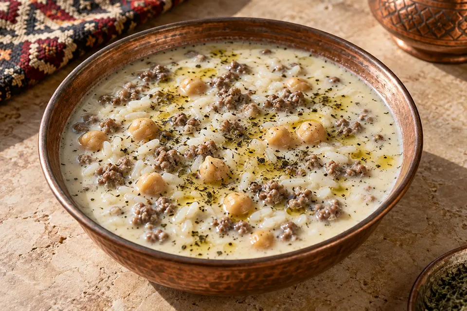 Cremige Gaziantep Lebeniye Çorbası mit Kichererbsen, Reis und Lammhack, vollendet mit Minz-Pfeffer-Butter