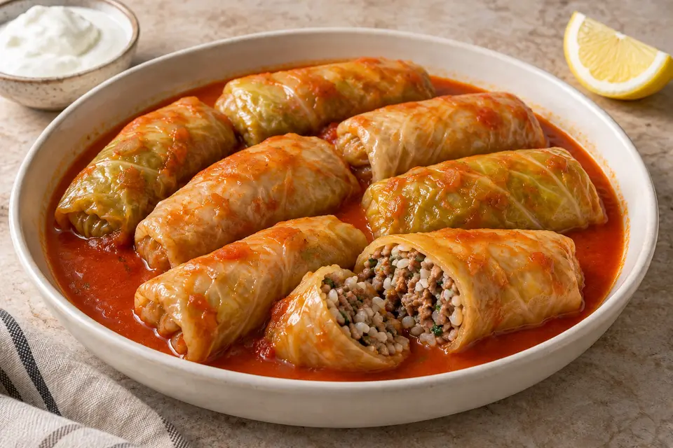 Turkish meat-stuffed cabbage rolls in tomato-pepper sauce, with one roll cut open to show beef, rice and herbs