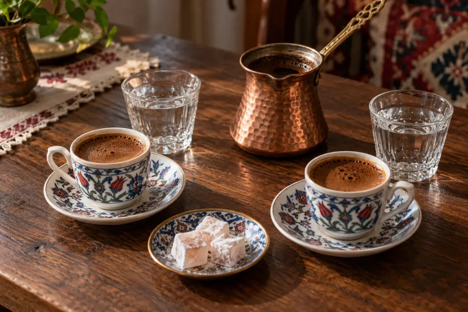 Two patterned fincan cups of foamy Turkish coffee with a copper cezve, glasses of water and a small plate of lokum on a wooden table.