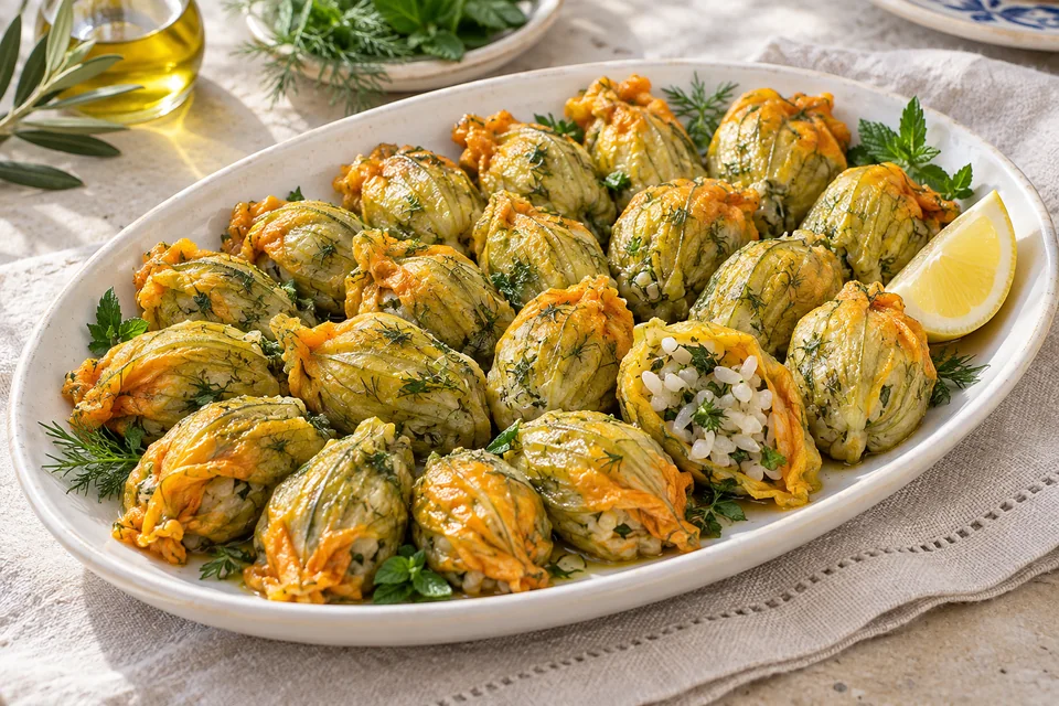 Turkish Kabak Çiçeği Dolması arranged on a white platter, showing tender golden zucchini blossoms filled with herbed rice