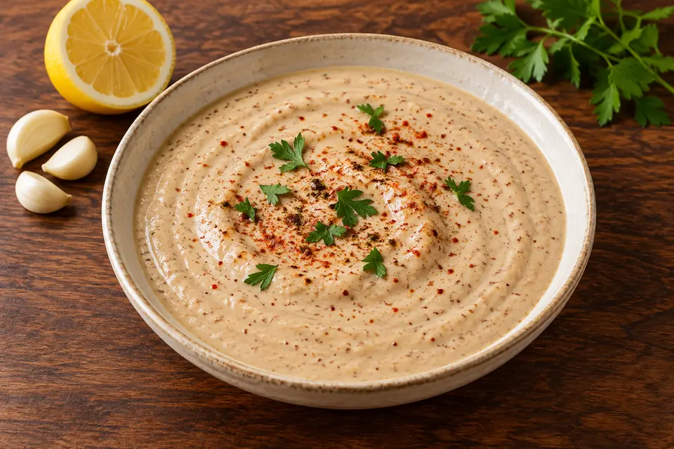 Antalya Hibeş tahini dip with red pepper and cumin flecks, parsley, lemon and garlic on a wooden table