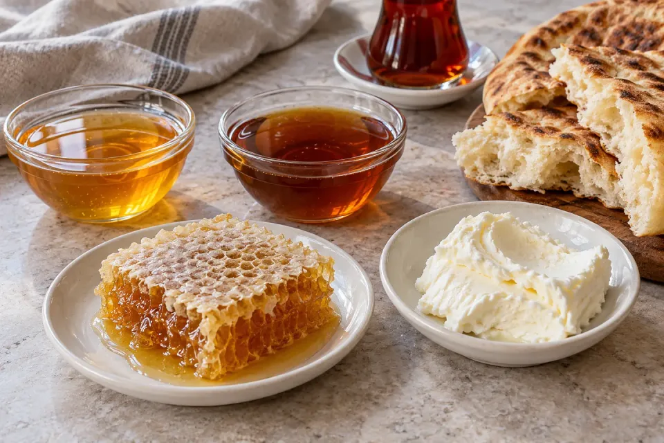 Zwei Schalen mit goldenem und dunklem bernsteinfarbenem Honig neben Wabenhonig, weißem Kaymak, aufgebrochenem Bazlama und einem Glas türkischem Tee