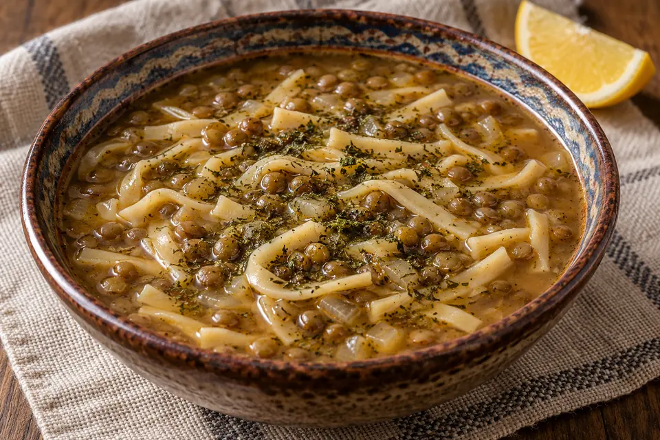 Keramikschale mit türkischer Sakala-Çarpan-Suppe, erkennbaren grünen Linsen, kurzen Erişte-Nudeln, weicher Zwiebel und Minzbutter