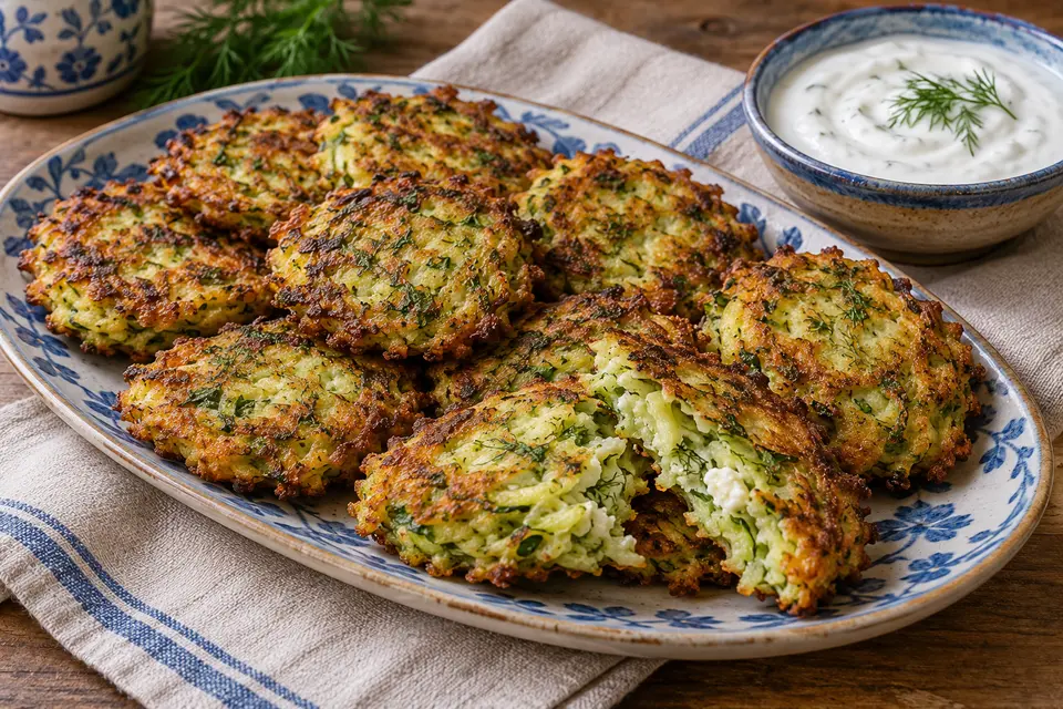 Turkish Mücver zucchini fritters with crisp golden edges, green herb flecks, white cheese and a small bowl of dill yogurt