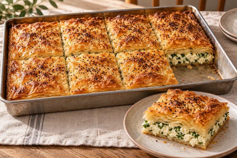 Golden squares of Turkish peynirli tepsi böreği showing crisp phyllo layers and a white-cheese parsley filling