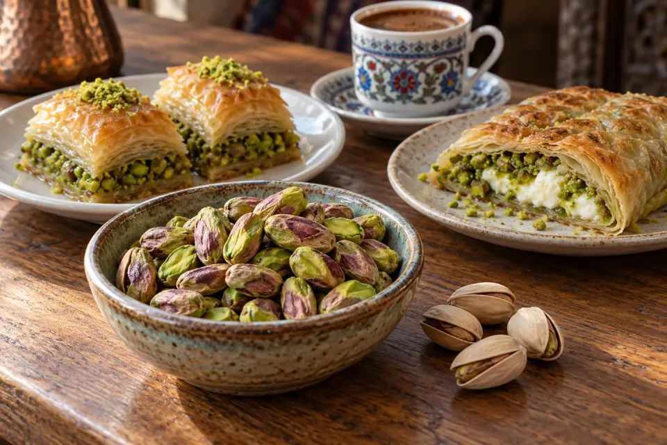 Un bol cu miez verde de fistic lângă baklava cu fistic, katmer cu cremă de lapte și o ceașcă de cafea turcească