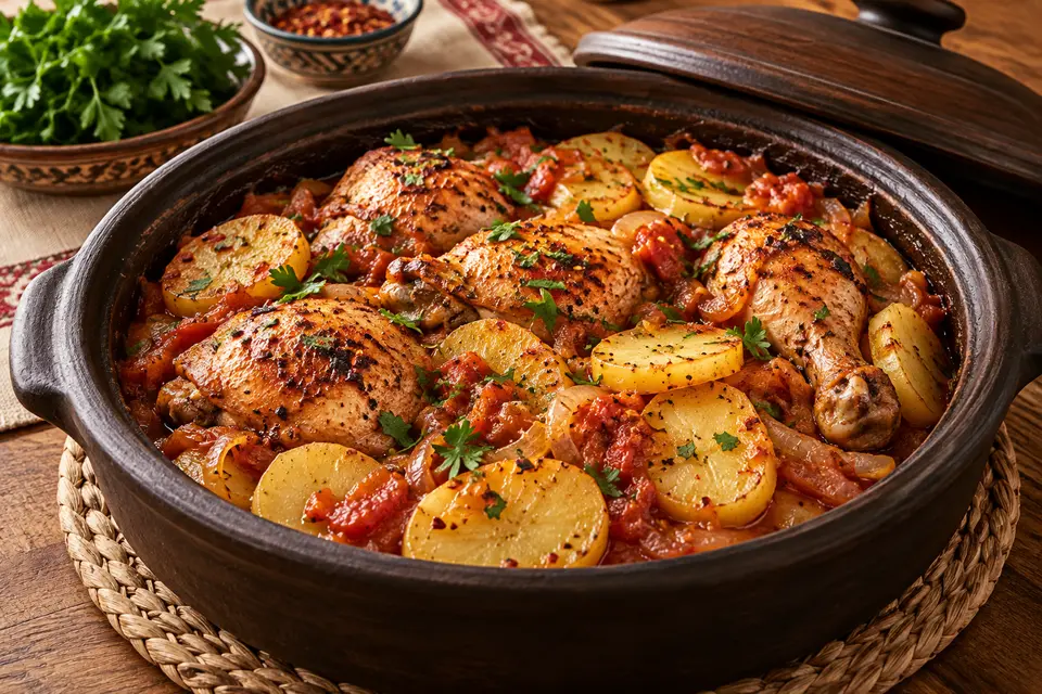 Antalya-Tavuk-Güveci mit goldbraunen Hähnchenteilen, Tomaten-Zwiebel-Sauce und Kartoffelscheiben in einem dunklen Schmortopf