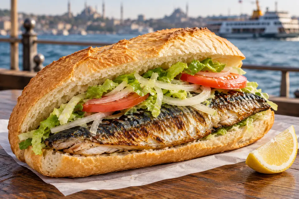 Istanbuler Balık Ekmek mit gegrillter Makrele, Zwiebelscheiben, Salat und Tomate in einem knusprigen weißen Brötchen neben einer Zitronenspalte