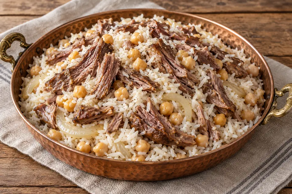 Isparta Kabune Pilavı dans un plat en cuivre peu profond avec grains de riz blanc séparés, pois chiches, viande de côte effilochée et poivre noir