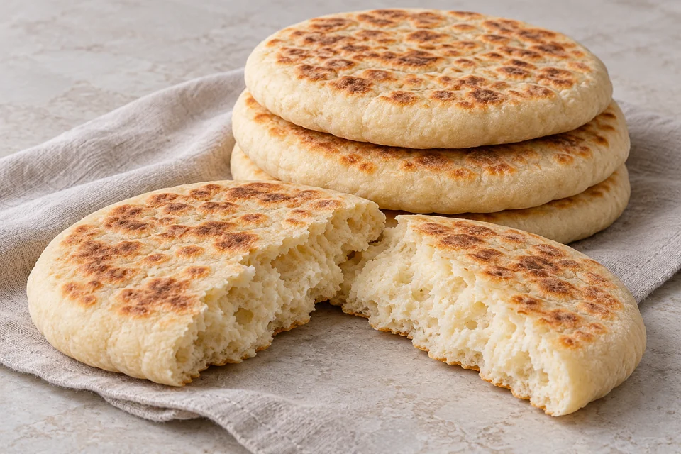 Golden Turkish bazlama flatbreads stacked on linen, with a torn bread showing the soft, airy crumb