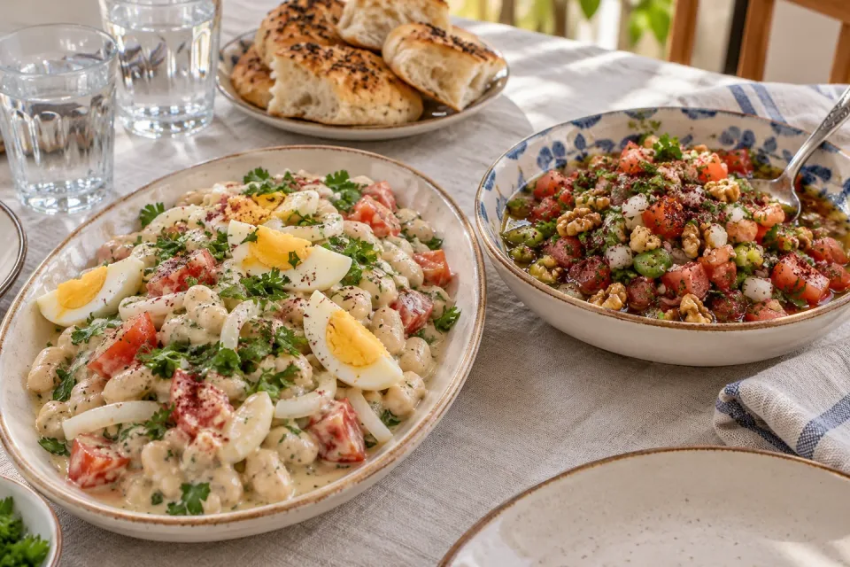 Tahini-dressed white bean piyaz with egg and tomato beside a separate juicy tomato and walnut salad, with bread and water on a linen-covered table.