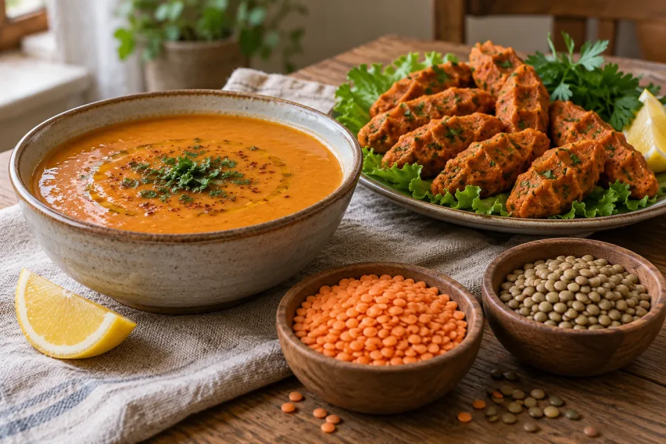Rote Linsensuppe und Linsen-Bulgur-Köfte neben getrennten Schalen mit roten Spaltlinsen und ganzen grünen Linsen