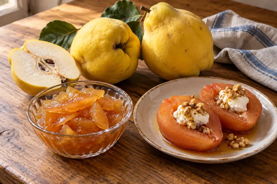 Coings jaunes frais à côté d’un bol de confiture de coing et de demi-coings cuits au kaymak et aux noix