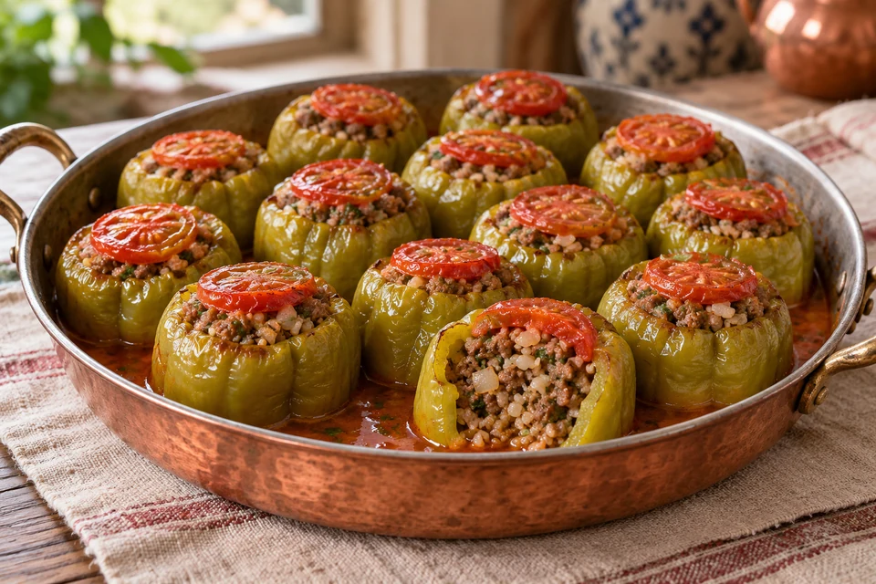Türkische grüne Paprika mit Hackfleisch und Reis, mit Tomatenscheiben bedeckt und in einer Kupferpfanne gegart