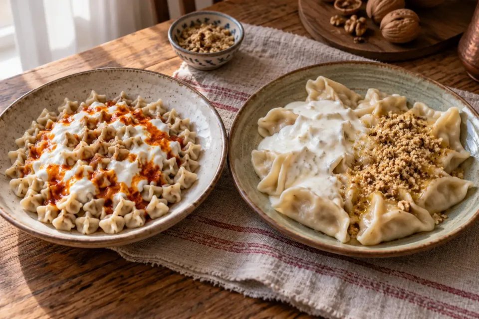 Small Kayseri mantı with yogurt and red pepper butter beside larger Sinop mantı topped separately with walnuts and garlic yogurt